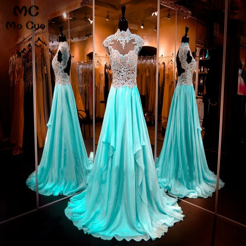 Abendkleider Barato Aqua Вечерние платья Длинные с аппликациями кристаллами Backless Пром платья Формальные Вечеринка платье