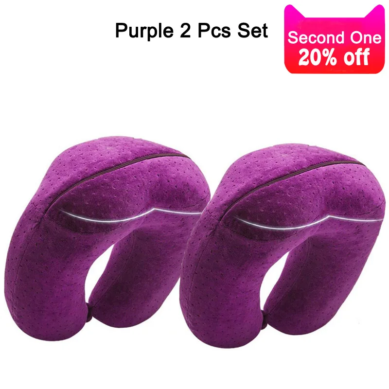 Purple2PCS PurenLatex дорожная u-образная подушка пены памяти защита шеи шейный позвоночник ортопедические подушки офисный самолет поезд для сна - Цвет: Purple2PCS