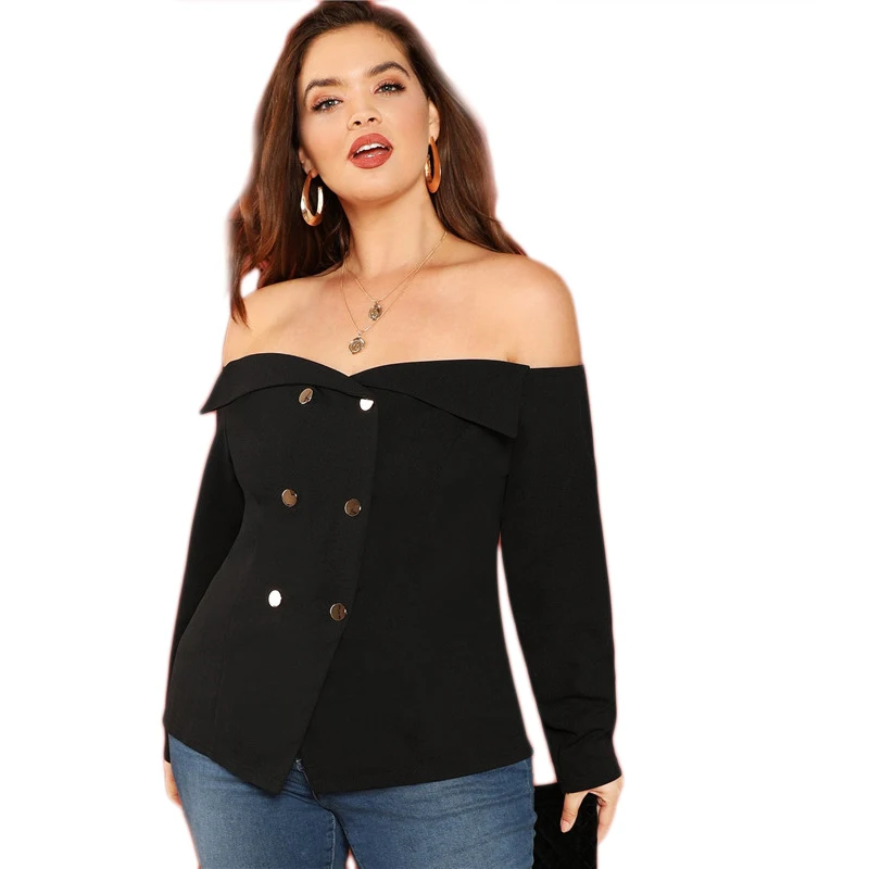 SHEIN черная Сексуальная Блузка с открытыми плечами, длинным рукавом и пуговицами размера плюс, женская блузка, модная облегающая блузка с вырезом лодочкой