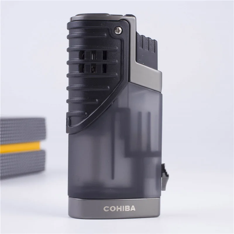 Зажигалки COHIBA, брендовые, новые, черные, для путешествий, ветрозащитные, газовые, тройные, 3 пламени, для сигарет, сигары, зажигалка, w, для сигар, удар, подарочная коробка - Цвет: grey