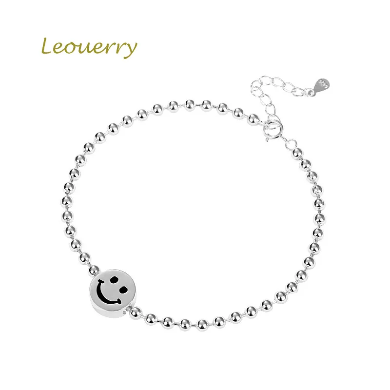 Leouerry 925 Sterling Silver Cartoon Smile Face Round Beads Chain Bracelet Charm Wrist Brcelet for Women Fine Jewelry | Украшения и