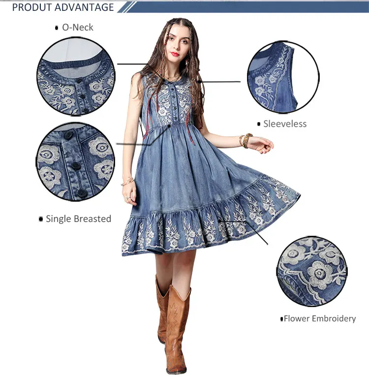 Летнее платье Yuzi. may Boho новые джинсовые женские платья с круглым вырезом винтажный сарафан с цветочной вышивкой A82158 Vestidos для женщин