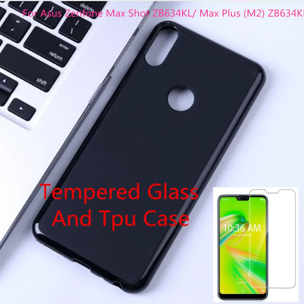 Для Asus Zenfone Max Shot ZB634KL/Max Plus(M2) ZB634KL Мягкая силиконовая задняя накладка чехла из ТПУ с уровнем твердости 9 H 0,3 мм 2.5D закаленное Стекло пленка - Цвет: Black With Glass