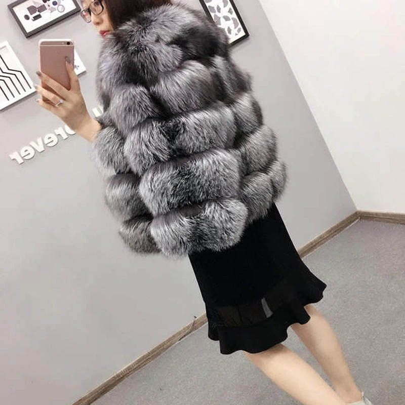 Silver Fox Horizontal Long Section Short Fur Ladies Coat Coat Xuan Fox Fox Fur Grass Single-Breasted Slim Women'S Warm Jacket06