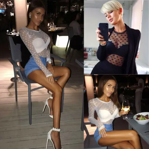 

Sexy Women Polka Dot Transparent Mesh Sheer Lace T-Shirt Tee Tops