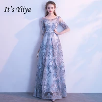 its yiiya evening dress gray floral print embroidery formal dresses o neck half sleeve a line floor length party gown e039