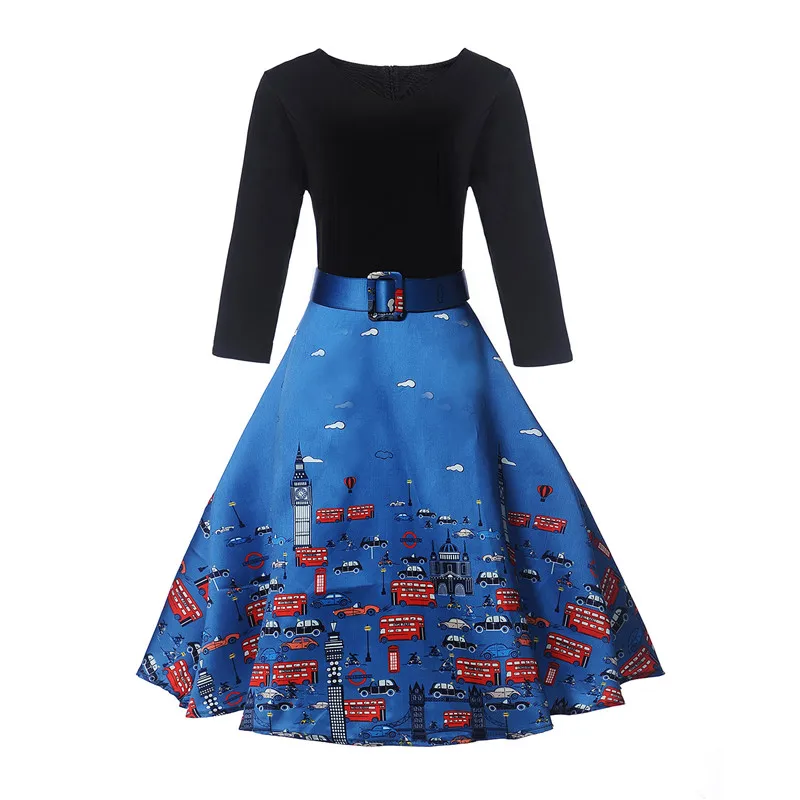 Элегантное женское винтажное платье 50s 60s с принтом Pinup Туника повседневные рабочие вечерние платья с рукавами 3/4 черное лоскутное платье vestidos