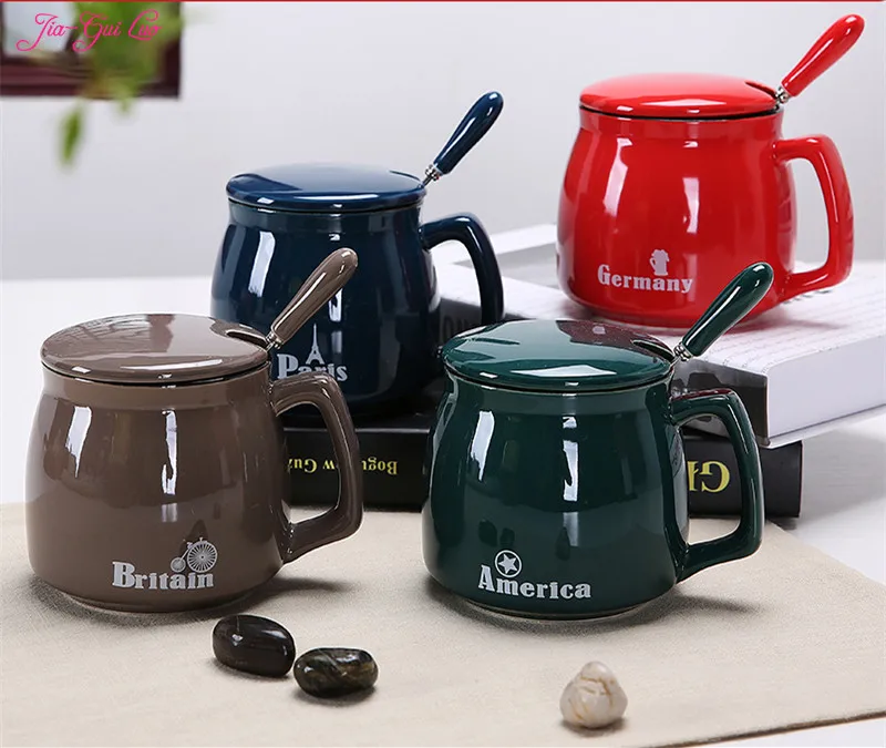 

JIA-GUI LUO 3 pieces 1 set cup cover Spoon Creative ceramic coffee cup Breakfast cup Office and bar supplies G004