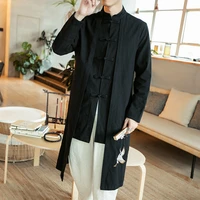 mens spring autumn fake two piece long trench cotton linen solid jackets male traditional chinese clothing tang suits cn 114