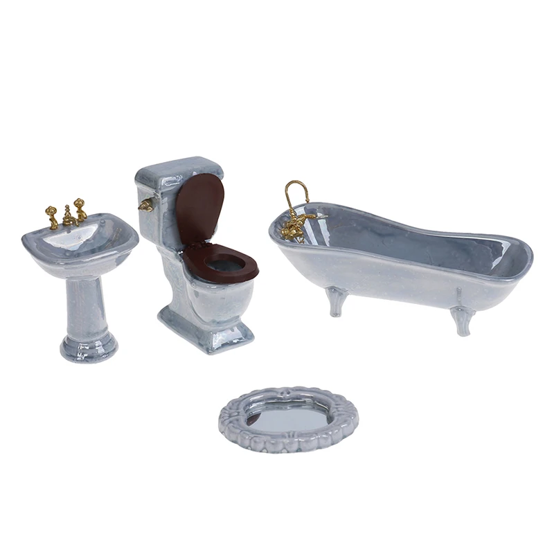 New 4pcs/Set Toilet Basin Bathtub Furniture Toys 1:12 Dollhouse Miniature Blue Porcelain Bathroom Set