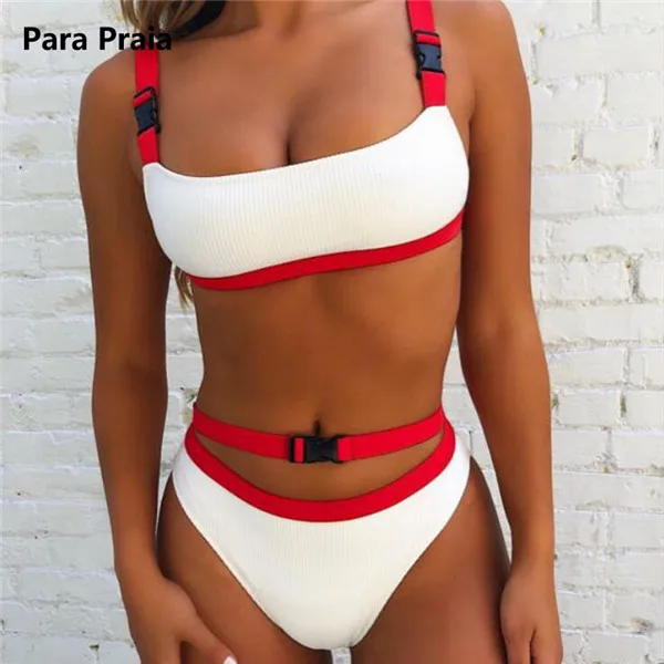 Halter Bandeau Swimwear Belt Buckle Bikini Set Women Swimsuit Sport Sexy Bathing Suit High Cut Swimwear Thong Swim Wear - Color: white red