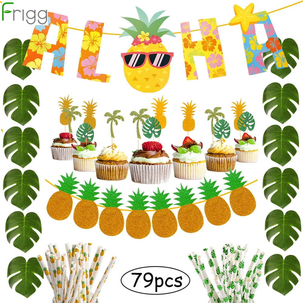 

Hawaiian Tropical Party Supplies Pineapple ALOHA Party Banners Hawaiian Cupcake Topper Pineapple Monstera Leaves Paper Straw