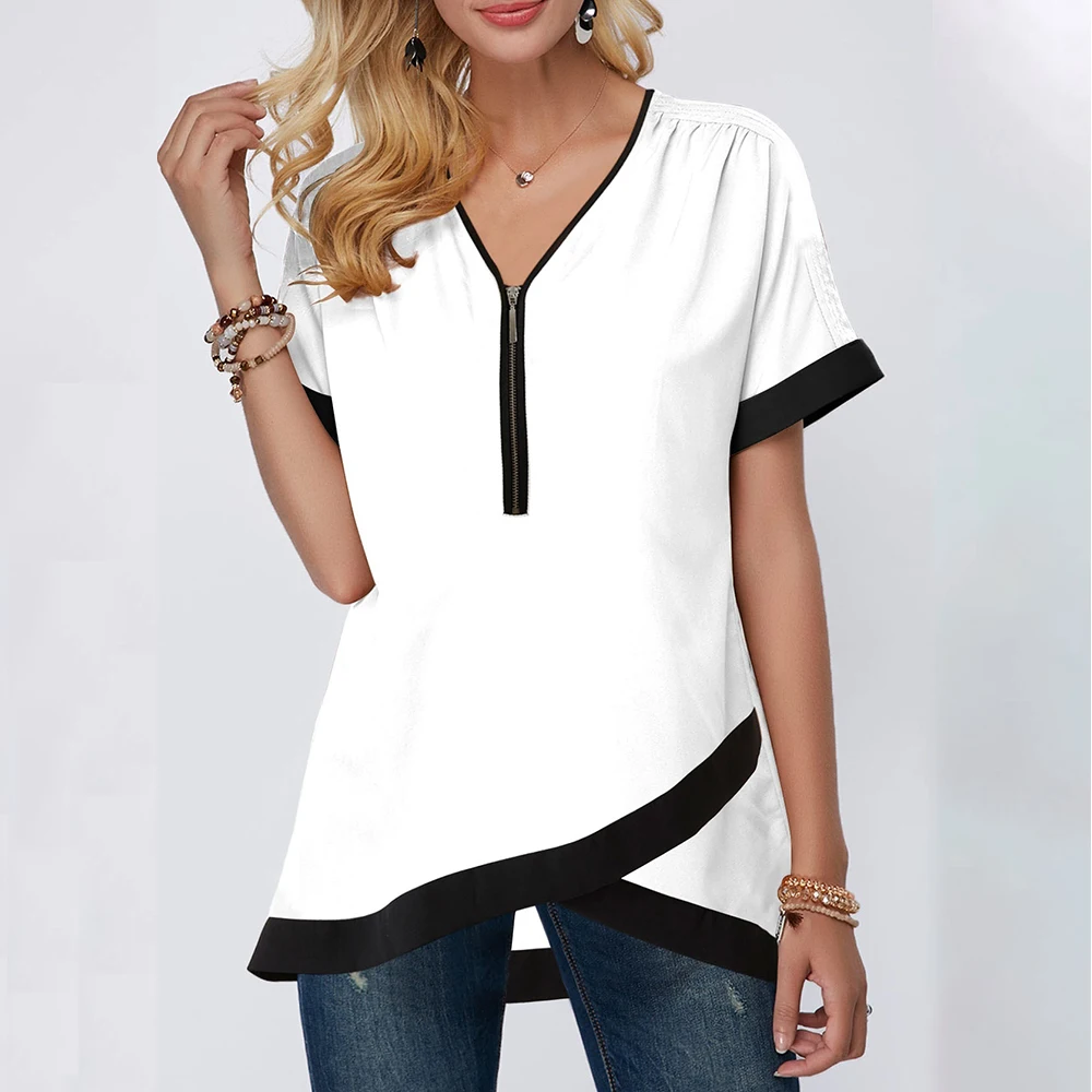 White(style1) Oeak, женская футболка с коротким рукавом, одноцветная, новая, модная, повседневная, v-образный вырез, пэчворк, топы для женщин, летняя, простая, футболка для женщин - Цвет: White(style1)
