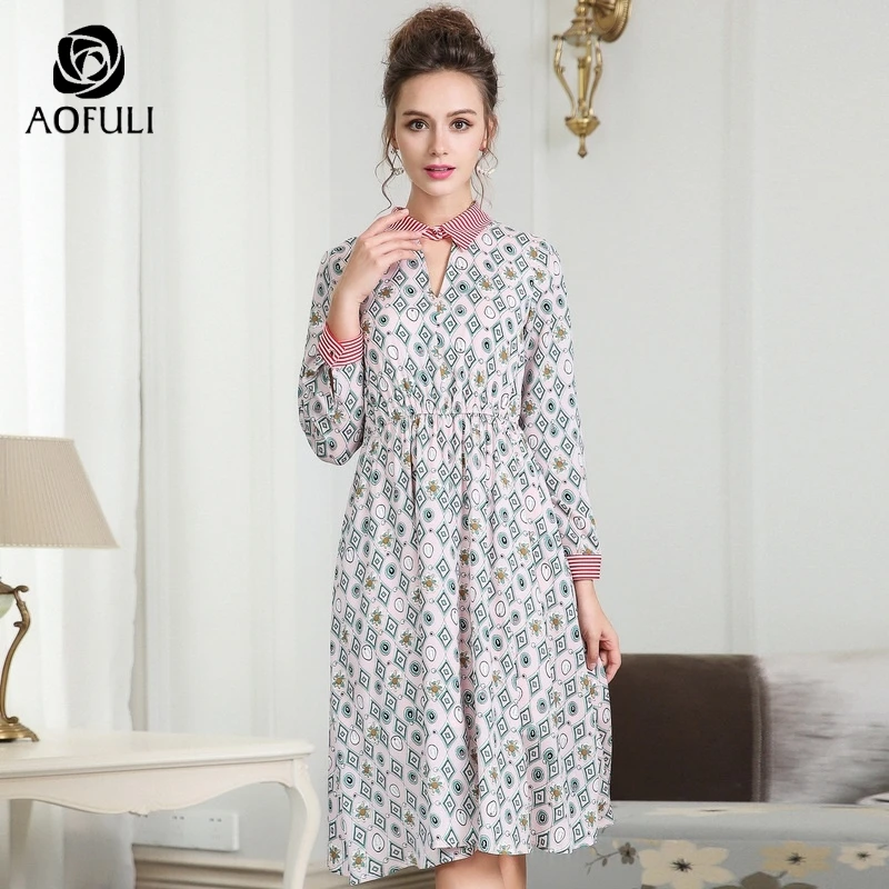 L ~ 4XL 5XL женское платье с вырезом и принтом осенние платья миди длинным рукавом
