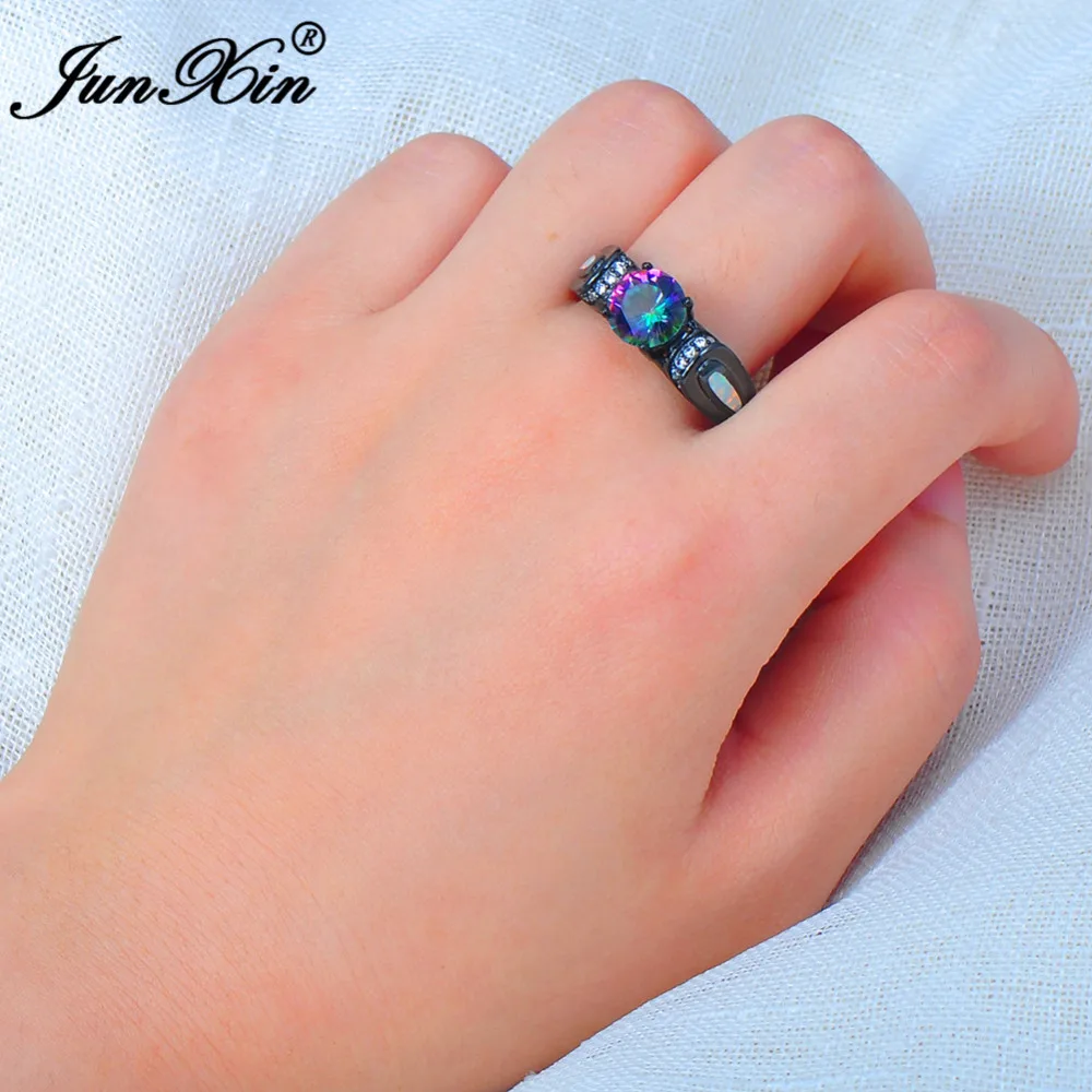

JUNXIN White& Rainbow Opal Ring With AAA CZ Vintage Black Gold Filled Wedding Engagement Rings For Women Fashion Jewelry