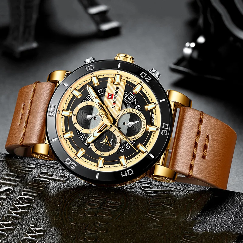 Часы NAVIFORCE мужские золотые Роскошные водонепроницаемые кварцевые спортивные с