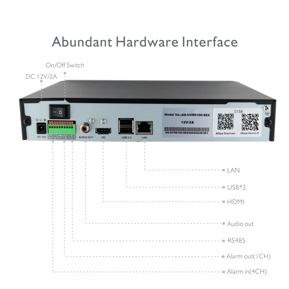 ANTSTEK N6100-4EX/8EX/16EX 4CH 8CH 16CH H.265 4K(8MP) NVR Support 1x6TB SATA HDD with AEEye App support HDMI Video Audio output |