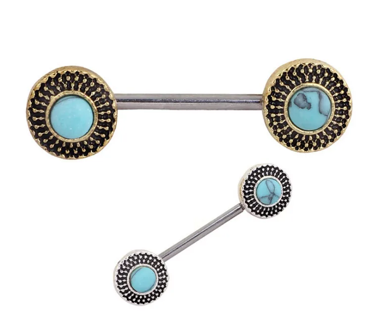 BN52005 10PCS Free Shipping women vintage industrial barbell multi functions blue stone cameo round disc nipple rings | Украшения и