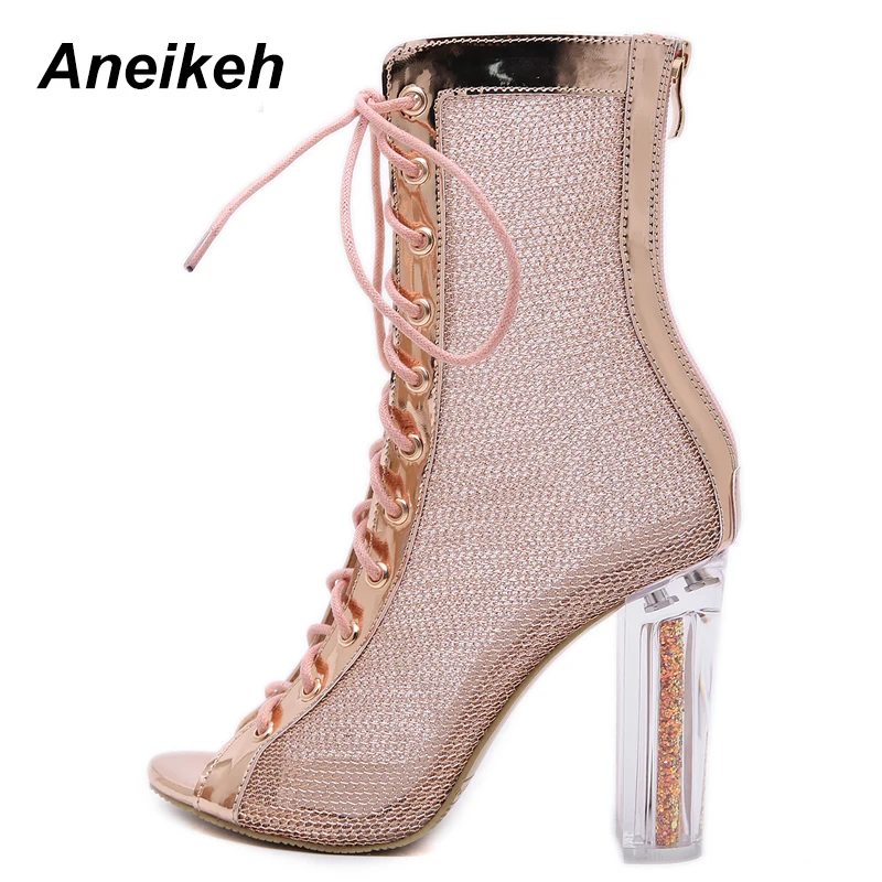 Aneikeh/женские ботильоны на шнуровке; сандалии с открытым носком; Botas Mujer; ботинки-гладиаторы на высоком каблуке; модные блестящие Прозрачные ботинки на не сужающемся книзу массивном каблуке