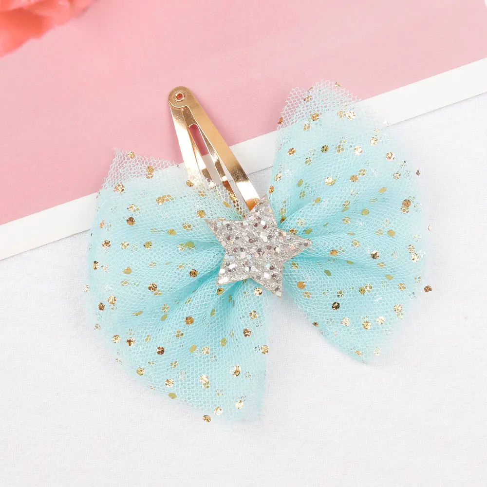 blue glitter star Аксессуары для волос, кружевной разноцветный помпон для волос, зажим для волос для девочек, Милая принцесса, заколки с единорогом с помпонами, корейский модный бант для волос - Цвет: blue glitter star