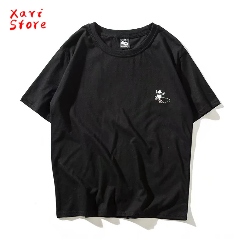 Summer new 100% Cotton Street Boys playful short sleeve T-shirt men's loose panda hip-hop O collar five points sleeves | Мужская