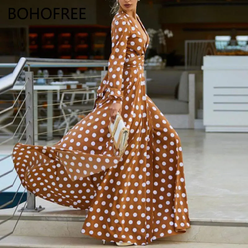 Платье бодикон BOHOFREE осеннее платье с глубоким вырезом талией и длинным рукавом в
