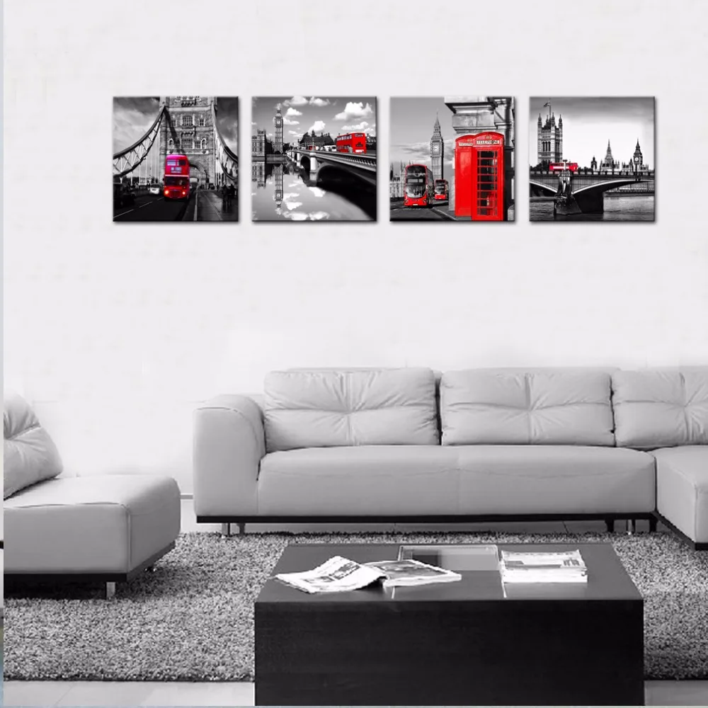 Парусина принт 4 шт. London уличная сцена классический красный автобус и Биг Бен