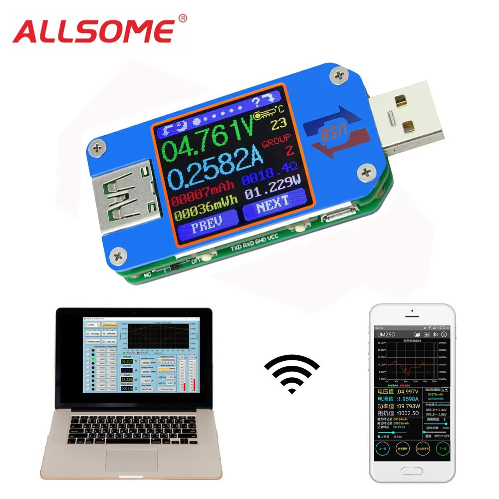 ALLSOME UM25C USB 2 0 Type C цветной ЖК тестер напряжение vurrint метр Вольтметр Амперметр