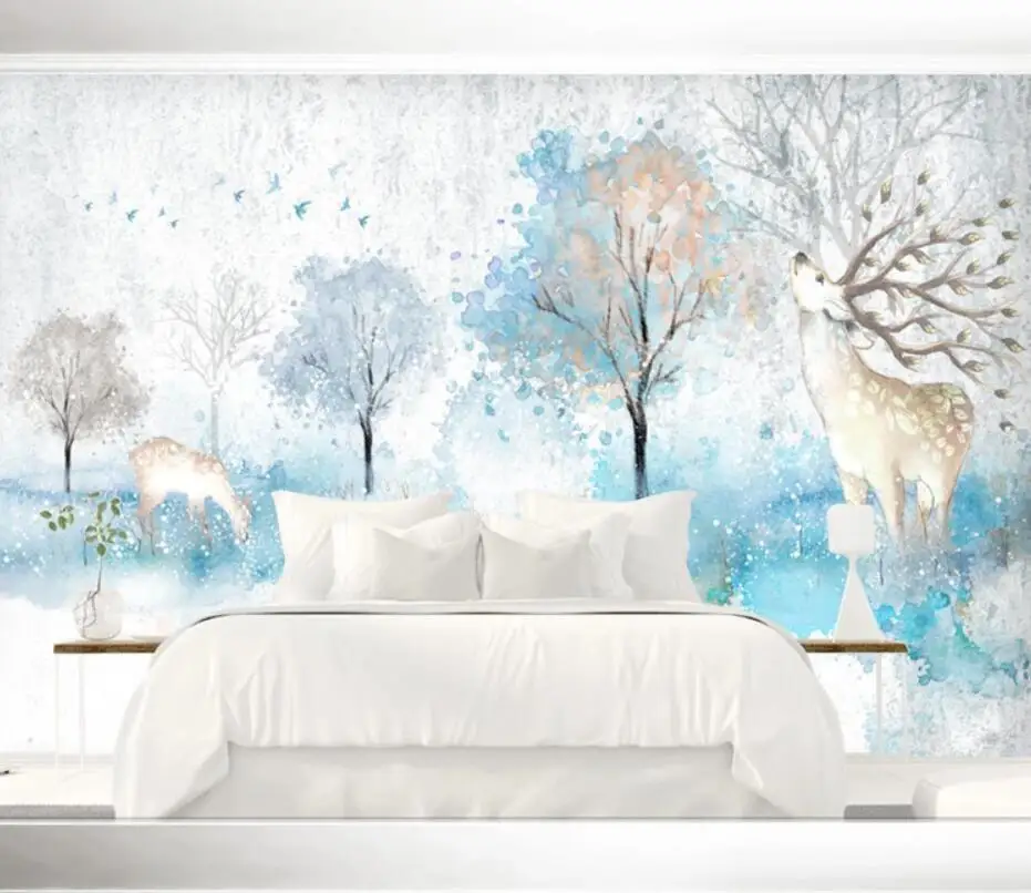 Modern simple hand-painted watercolor elk fortune tree landscape background wall decoration wallpaper murals | Обустройство дома