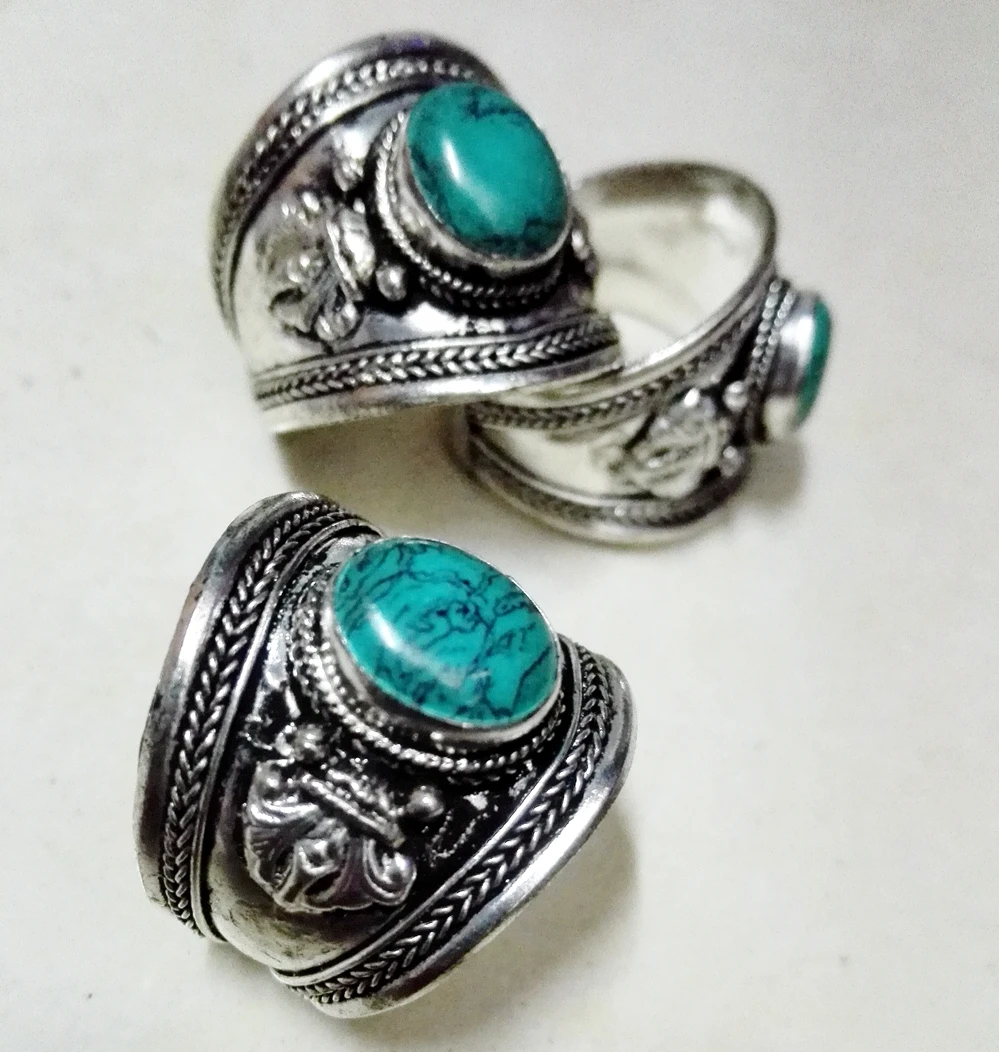 10 шт./лот кольца с зеленым камнем овальной формы старый Тибет серебро резное