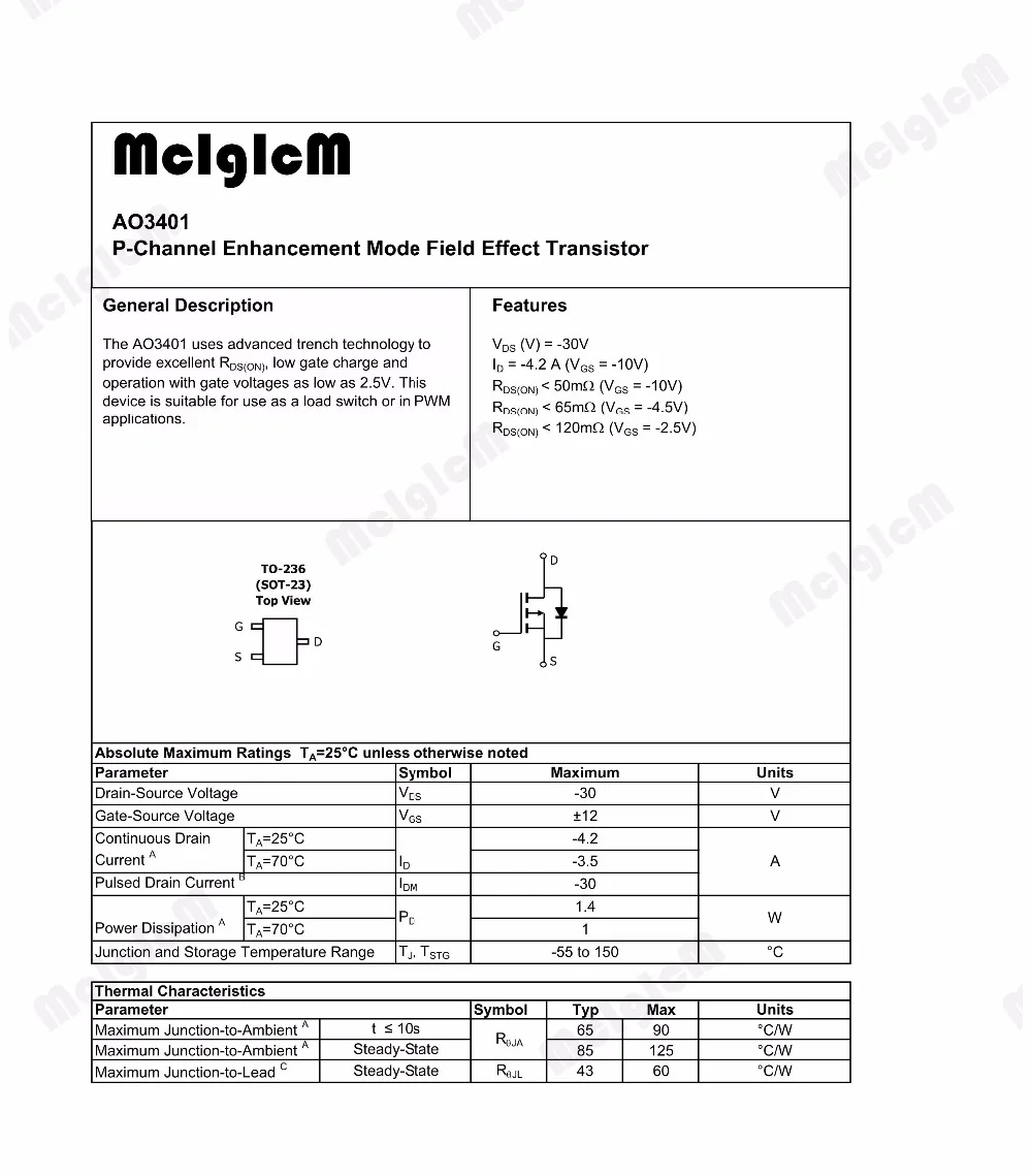 MCIGICM AO3401A 3000 шт. SMD P-Channel 30V 4A (Ta) 1 4 W mosfet транзистор SOT-23 AO3401 | Электронные компоненты и