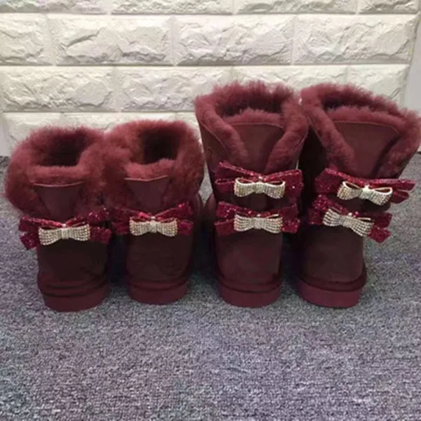 Бордовый Г., модные женские зимние сапоги из натуральной овечьей кожи с двумя бантами женские сапоги до середины икры из натуральной овечьей кожи женская обувь - Цвет: Бордовый