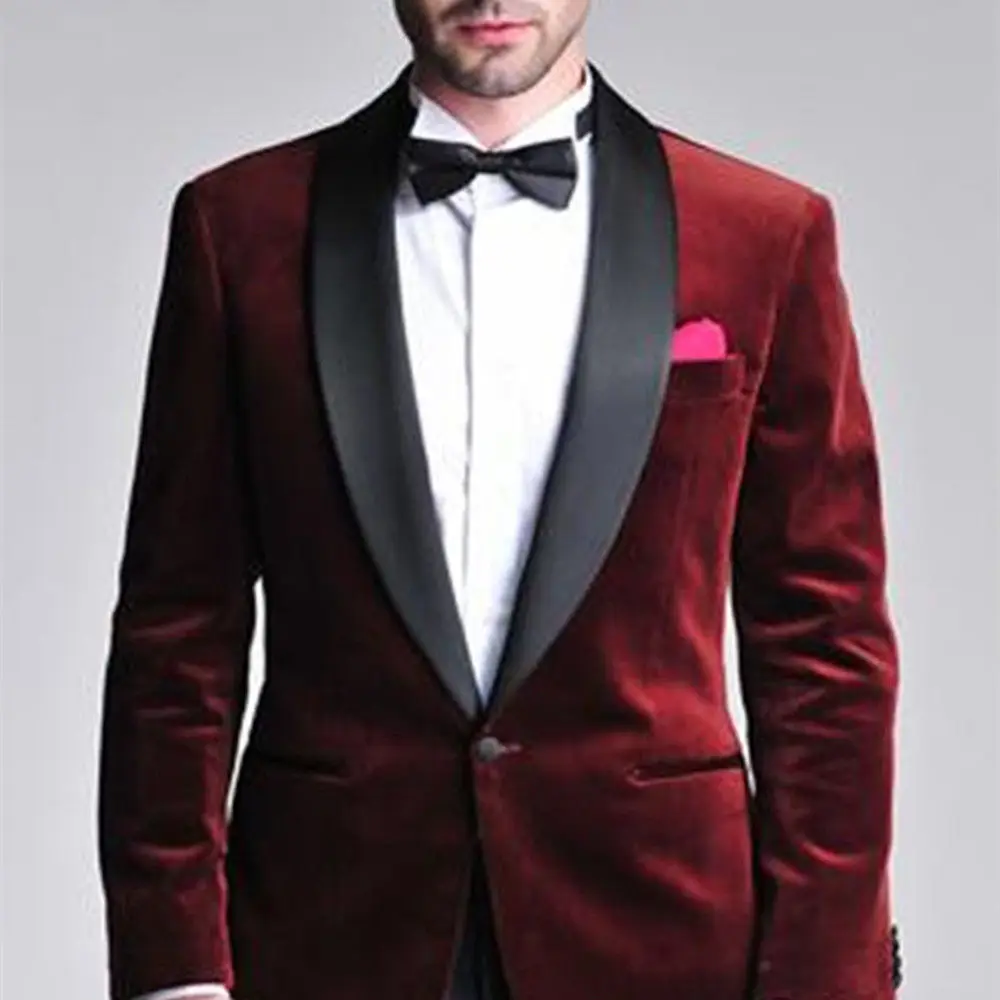 

Fashion Burgundy Velvet Tuxedos Shawl Lapel 3pcs Men's With Black Pants & Suits