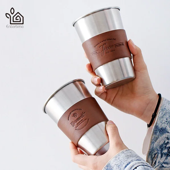 Entertime простой стиль нержавеющая сталь кофе кружка чашка с соломинкой и кожаный