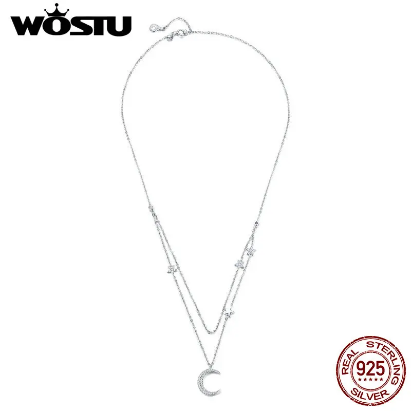 WOSTU Luxury 925 Sterling Silver Moon &amp Stars Pendant Necklaces Adjustable Double Long Chain For Women Fashion Jewelry FNN038 | Украшения