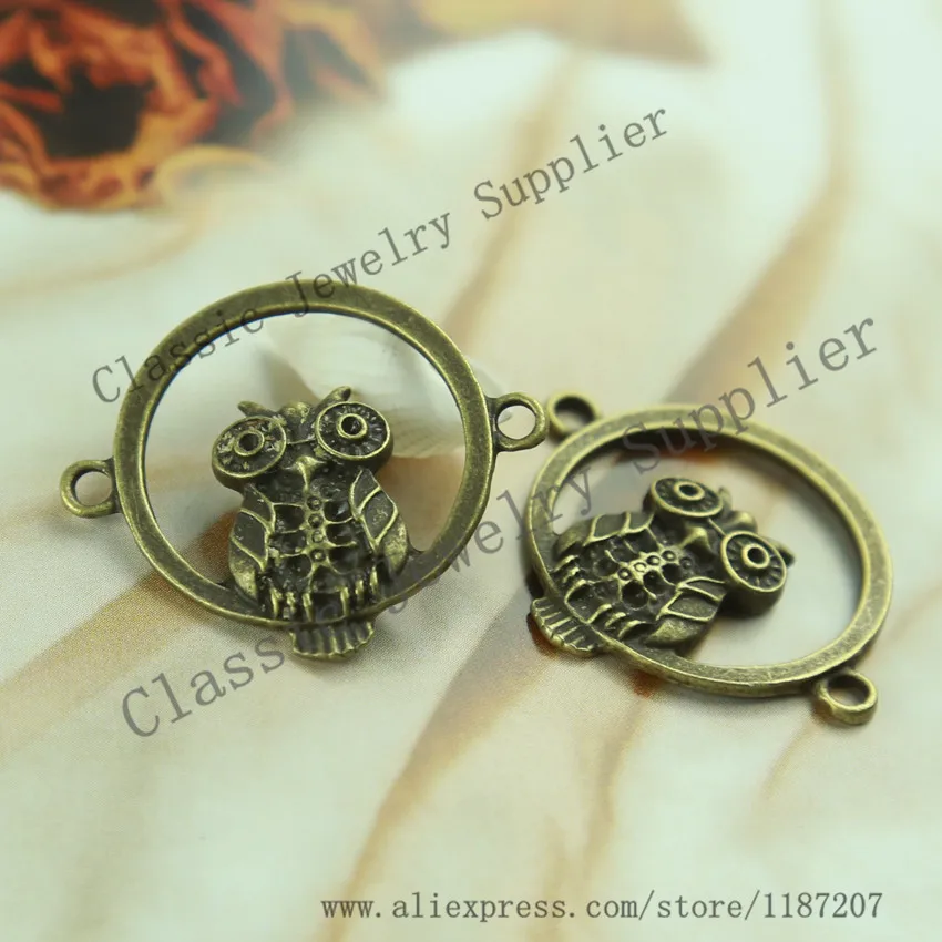 Wholesale DIY Accessories Antiqued Bronze Vintage Alloy Owl Round Necklace Pendant Connector 30*25mm 50PCS|connector mould|pendant mobilependant ball