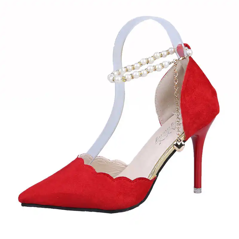 166 Red 10cm Женские туфли-лодочки; Новое поступление года; женская обувь на высоком каблуке с острым закрытым носком; женская свадебная обувь с кружевом и бисером - Цвет: 166 Red 10cm