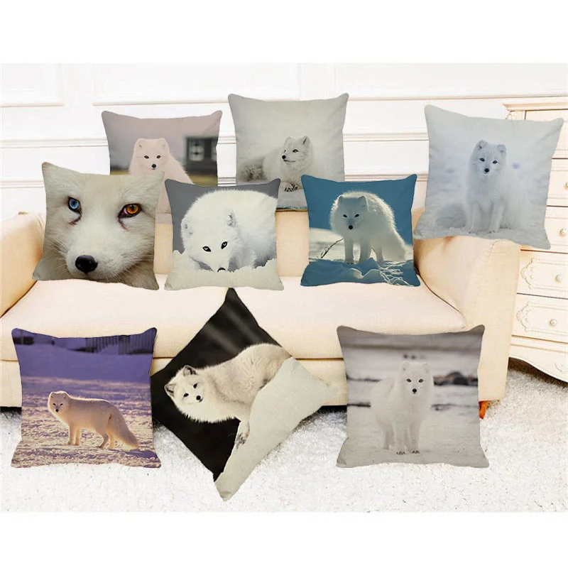 

XUNYU Cute Animal Cushion Cover Beautiful White Fox Throw Pillow Case Linen Cushion Cover Sofa Bed Decorative Pillowcase C0039