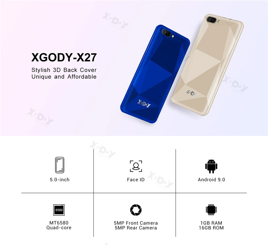 XGODY X27 Face ID Смартфон Android 9,0 1 ГБ 16 ГБ MTK6580 четырехъядерный 5 дюймов 3G Две sim-карты 5 Мп камера gps мобильный телефон 3D задняя крышка