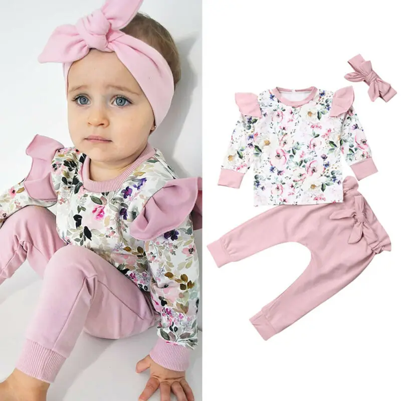 

Baby Clothing Cute Sweet Infant Baby Girl Floral Clothes Long Sleeve Flower Tops+Pants 3PCS Outfit Autumn Spring Suits