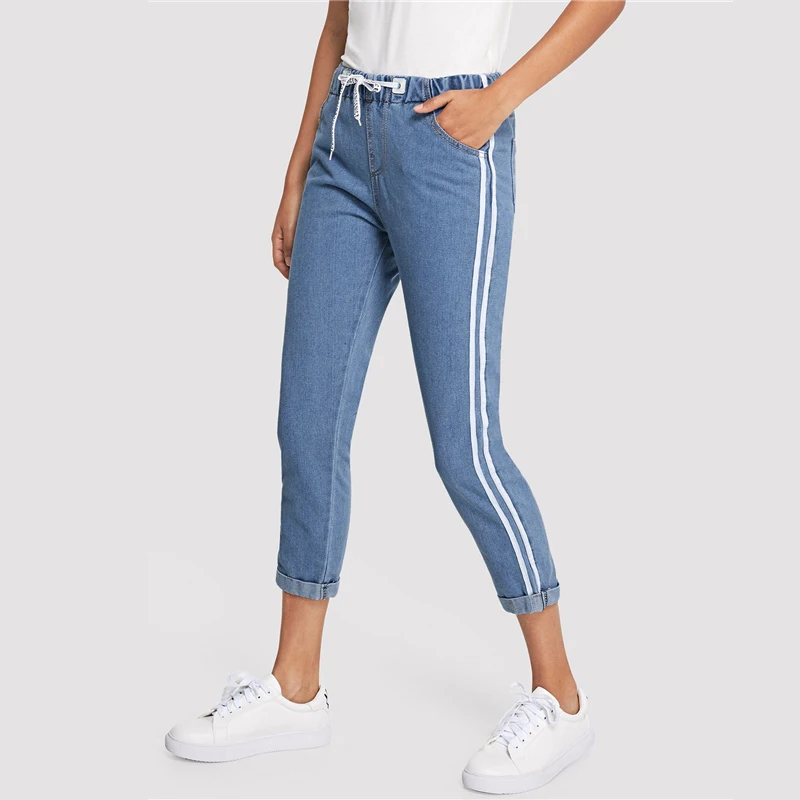 Dotfashion в синюю полоску с узлом сбоку спереди джинсы женщина осень Повседневное штаны с эластичной резинкой на талии укороченные джинсы для Для женщин джинсовые брюки