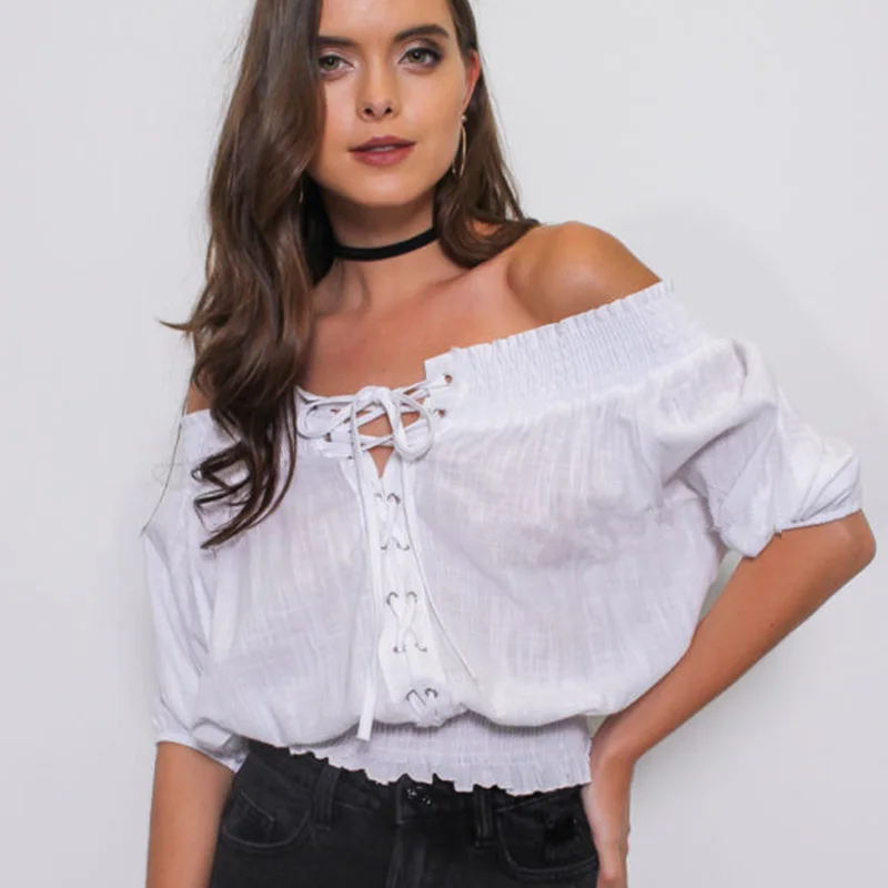 AECU летние 2021 Сексуальная Блузка с открытыми плечами Для женщин рюшами обувь со