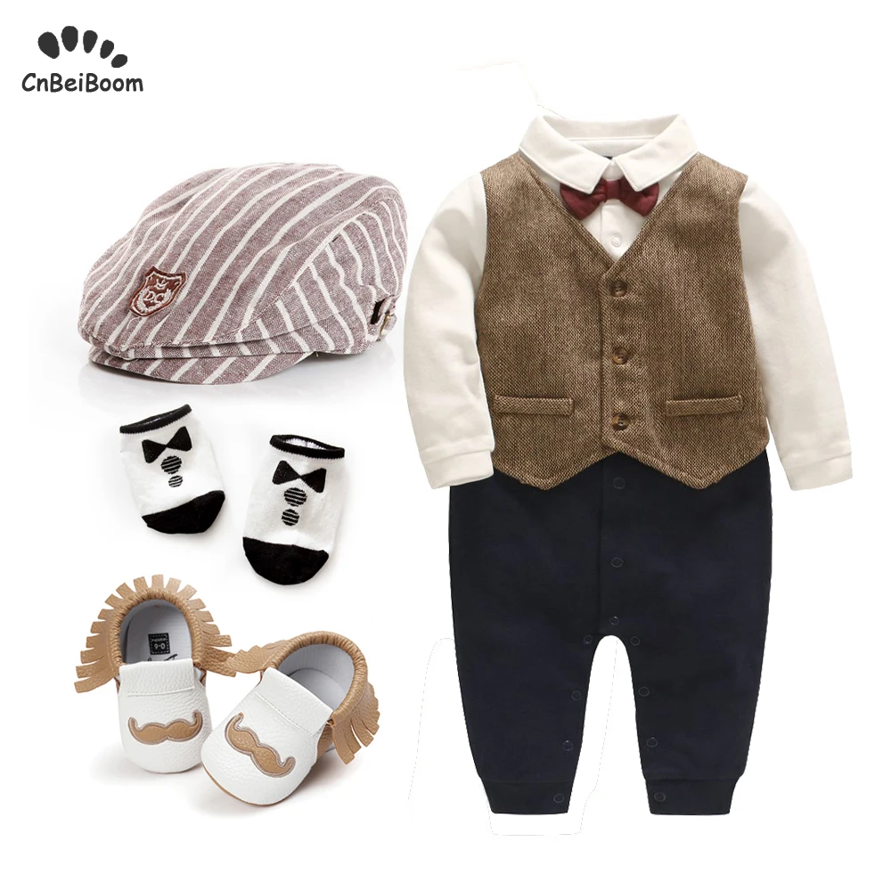 

2021 Новинка; Одежда для мальчиков хлопковый комплект с комбинезоном для галстук для мальчика жилет с бантом для малышей, комбинезон + шапочка...
