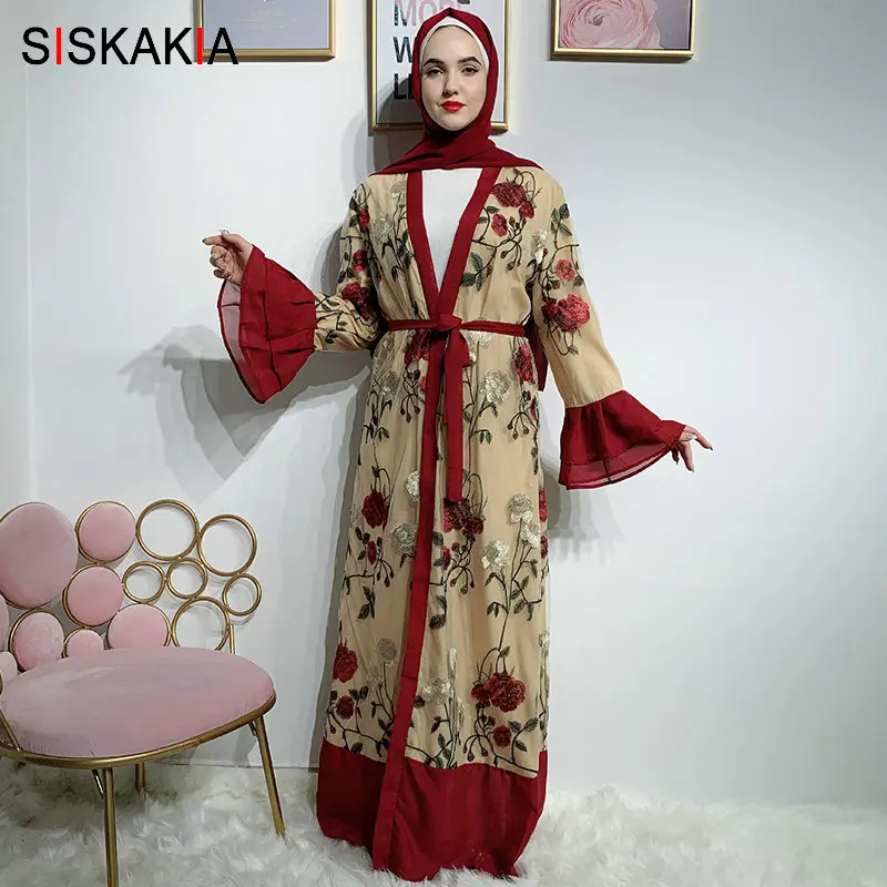 Siskakia роскошное кружевное платье абайя с вышивкой, модное платье с расклешенными рукавами, Дубай, кардиган, халаты, лето, Исламская одежда