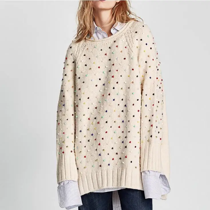 2018 autumn Women Sweater Pearl Beading long Sleeves Sweaters o-neck loose Knit Pullovers sweater | Женская одежда