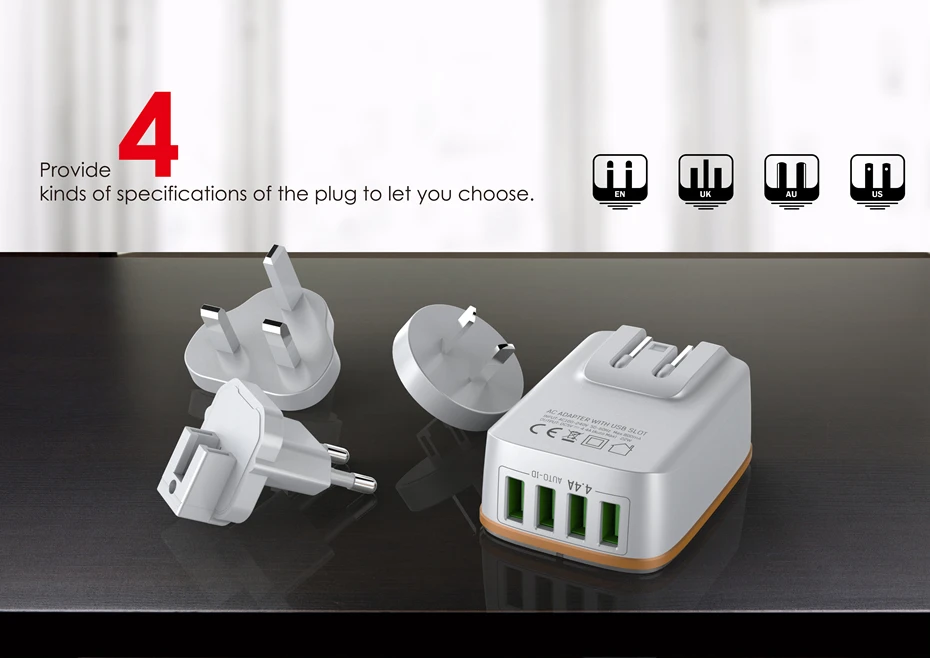 LDNIO A4404 четыре usb порта DC5V-4.4A выход портативное быстрое зарядное устройство для дома с Apple USB кабель