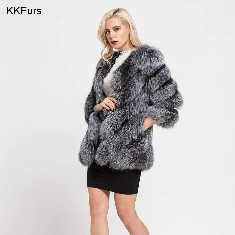 JKKFURS 2021 Новая модная зимняя теплая длинная куртка из натурального Лисьего меха