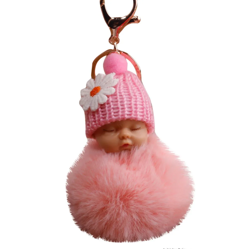 Pink Милый брелок для ключей, подарок, милый меховой пушистый помпон, Спящая кукла, брелки-цепочки, сумки, подвеска, ювелирные изделия llaveros - Цвет: Pink