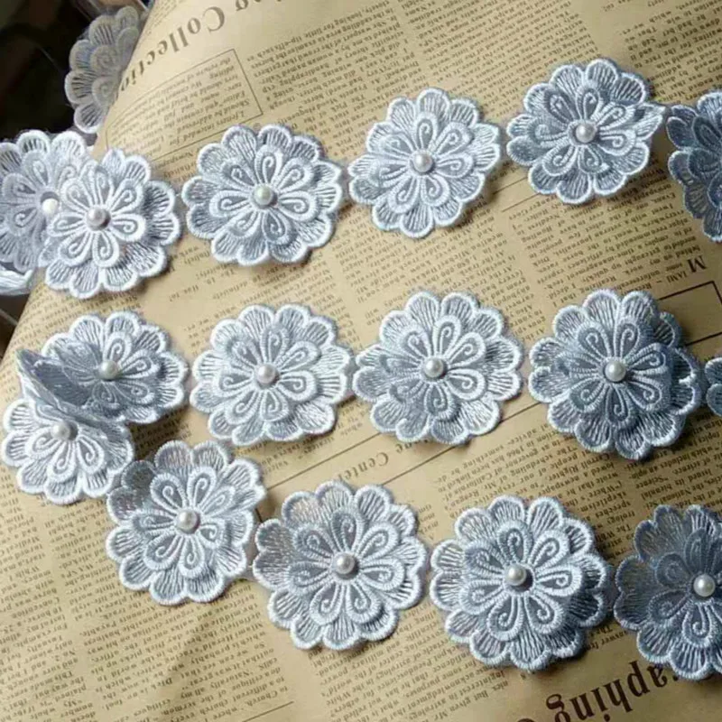 1 ярд светло-голубой Жемчужный Цветок 5 см для рукоделия растворимое Свадебное