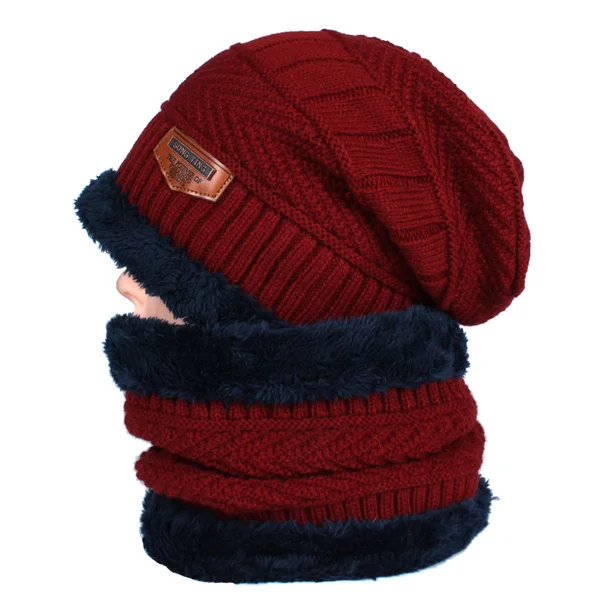 YOUBOME зимние шапочки Skullies женская вязаная шапка шарф зимние шапки для мужчин и женщин мешковатые кольца Теплые утолщенные Модные шапки - Цвет: wine red set
